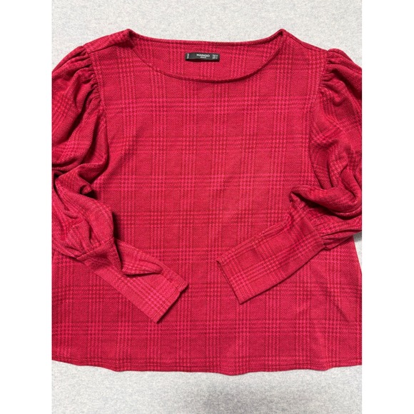 Mango Tops - Mango Basics Red Glen Plaid Puff Sleeve Boat Neck Top Womens Size Small S